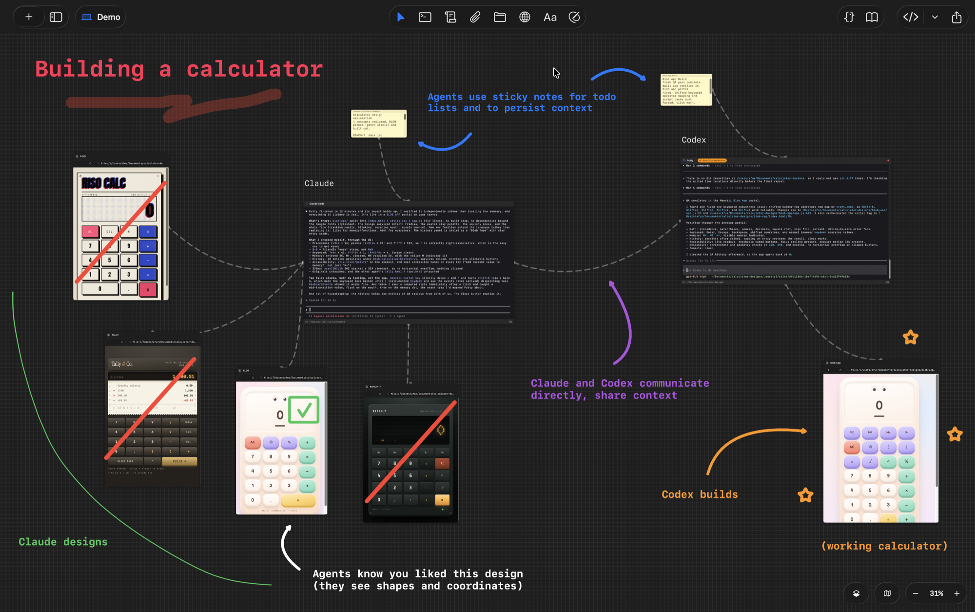 A Maestri infinite canvas titled Building a calculator, showing Claude design drafts, sticky notes, connected terminals, and Codex building the working calculator.